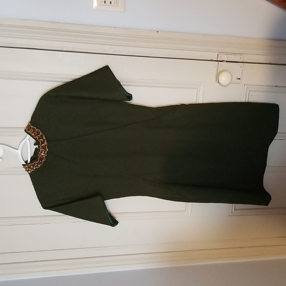 Vintage, M-L, dark green, gold trim around the neck dress, Designer Unknown